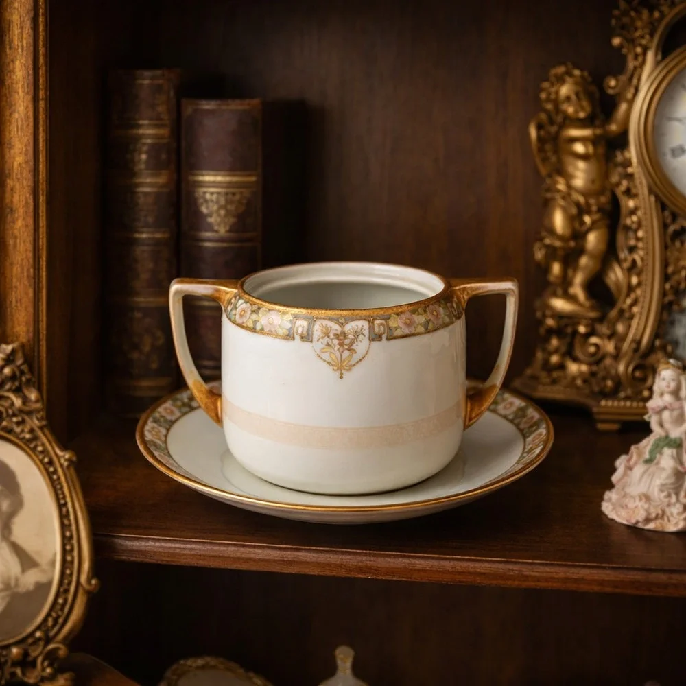 Antique Nippon Sugar Bowl Open Form w Underplate Edwardian Porcelain Curio Shelf